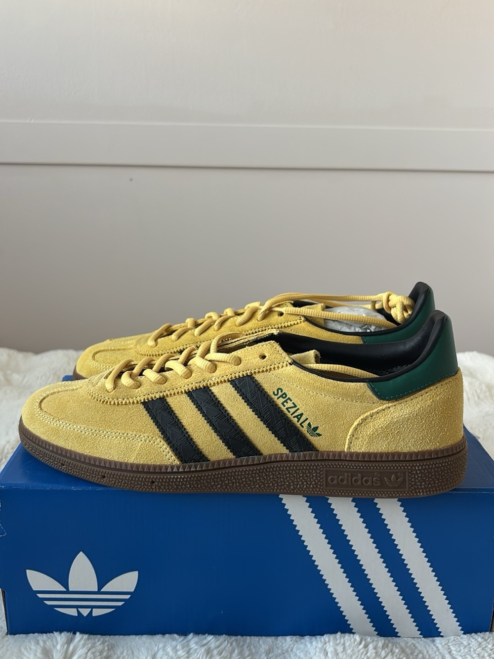 adidas Spezial Suede Sneakers in Yellow with Black Stripes and Green Heel